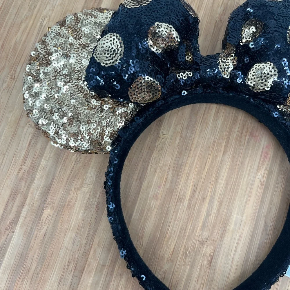 Disney Parks Black Gold Polka Dot Minnie Mouse Bow Sequins Ears‎ Headband Ears